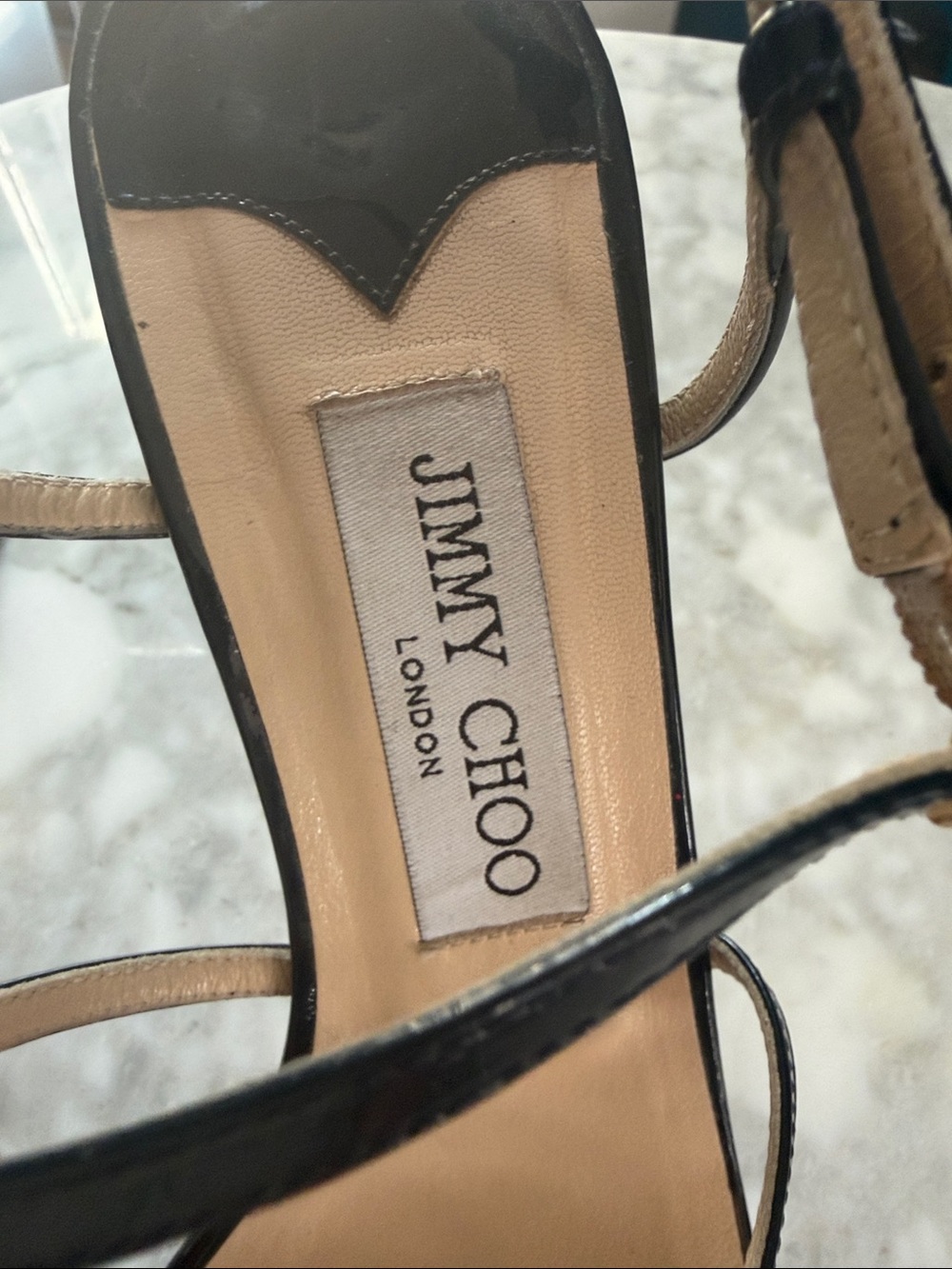 Jimmy Choo Dark Navy Patent Leather Sandals - like new on top, scuffed soles - Picture 9 of 12